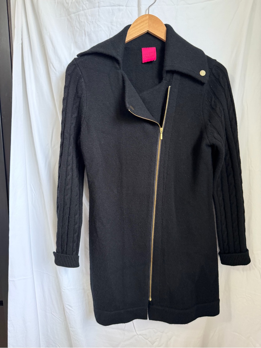 Black Asymmetrical Zip Knit Cardigan with Cable Sleeves